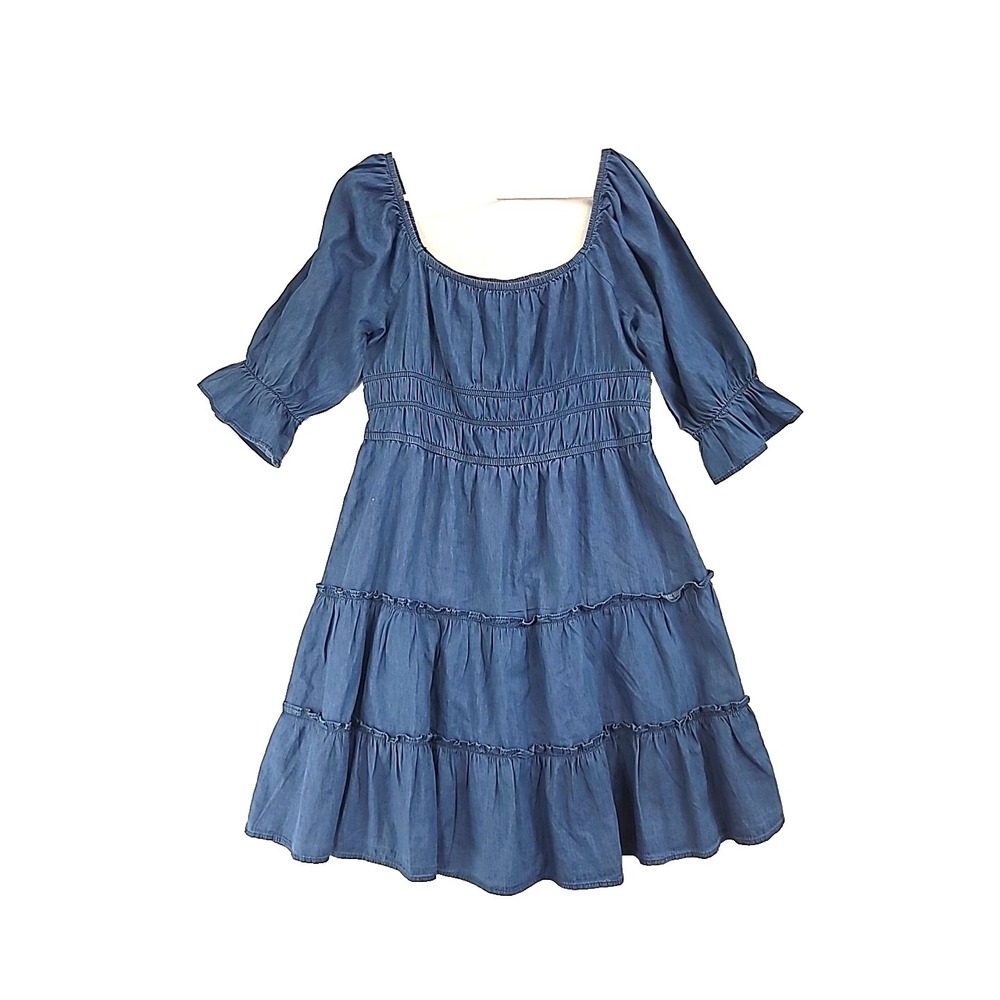 MPH Tiered Milkmaid Dress 2X Chambray Puff Sleeves Knee Length